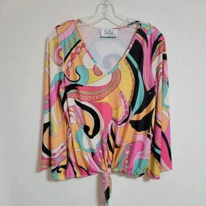 VaVa Pink Groovy Tie Front Bell Sleeve V-Neck Top